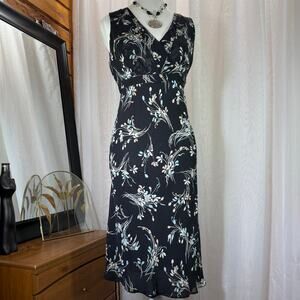 Ann Taylor Loft 100% Silk Floral Midi Dress Black Blue Sleeveless Size 6